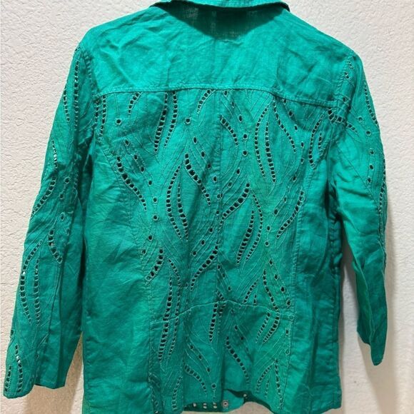 Chico's 100% Linen Embroidered Jacket. 1 (M) Zip Pockets Eyelet Lagenlook Boho - Picture 8 of 12
